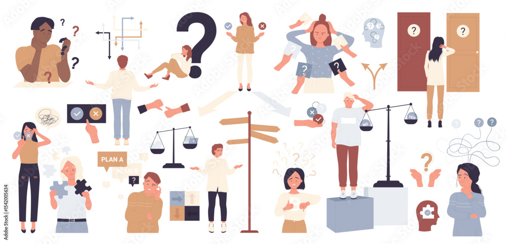 Persons with difficult choice set vector illustration. Cartoon worried people choose right way, balance or guidance, man and woman finding answer on question, thinking about problem isolated on white Persons with difficult choice set vector illustration. Cartoon worried people choose right way, balance or guidance, man and woman finding answer on question, thinking about problem isolated on white