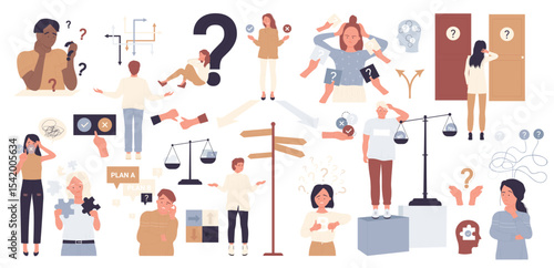 Persons with difficult choice set vector illustration. Cartoon worried people choose right way, balance or guidance, man and woman finding answer on question, thinking about problem isolated on white