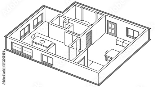 Isometric floor plan of a house featuring a living room, dining area, and bathroom with furniture and windows