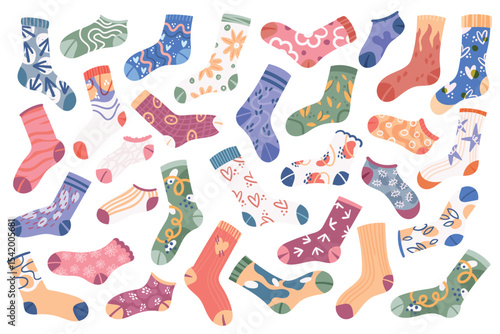 Cotton and woolen socks with different textures set vector illustration. Cartoon trendy funny items, cute modern garment collection for hipsters feets, warm winter underwear isolated on white