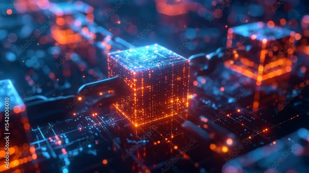 Glowing Orange And Blue Digital Cube In Circuit Board Background Glowing Orange And Blue Digital Cube In Circuit Board Background