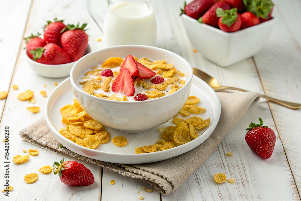 A delicious breakfast featuring cornflakes, milk, and fresh fruit offers a healthy and energizing start to the day. A delicious breakfast featuring cornflakes, milk, and fresh fruit offers a healthy and energizing start to the day.
