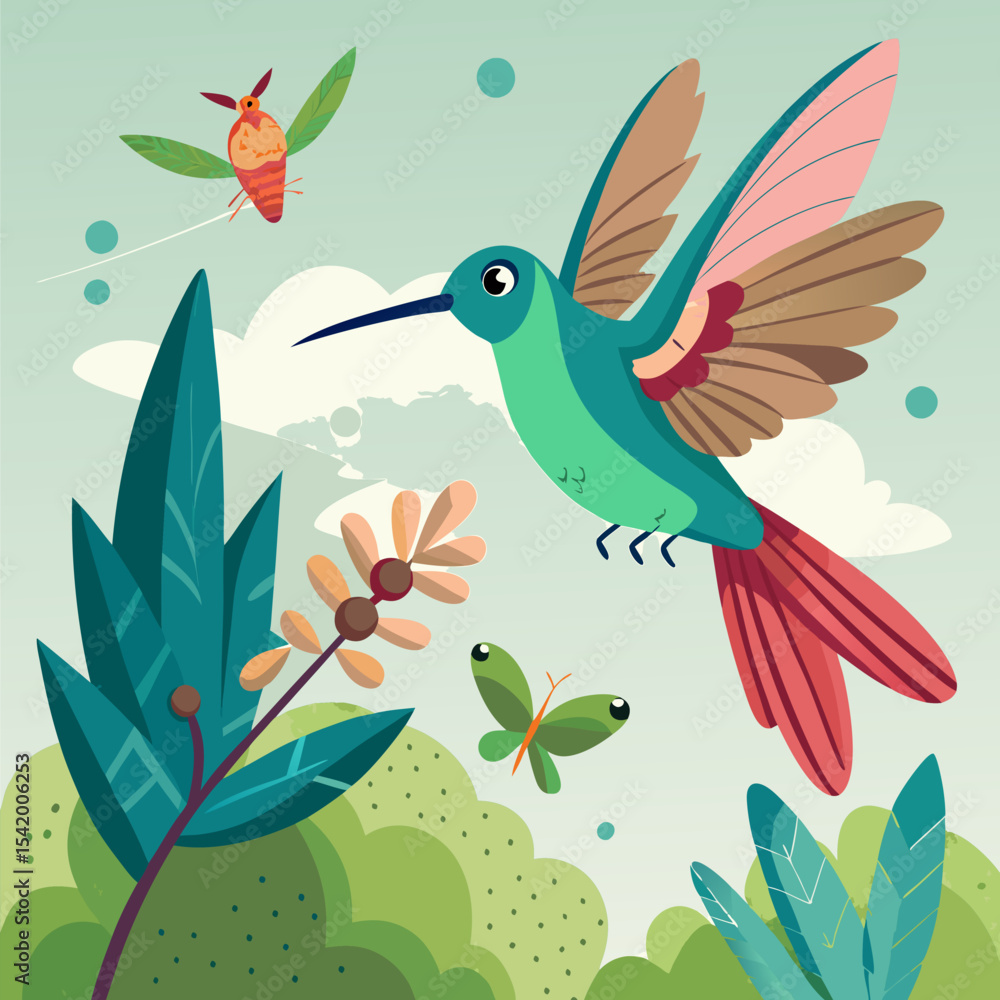 Fototapeta premium Hummingbird Befriending a Lost Dragonfly Illustration