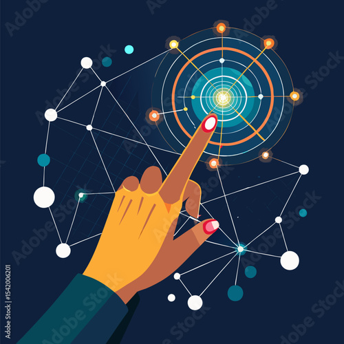 Human Hand Touching a Digital Interface with Futuristic Technology Holographic UI Illustration