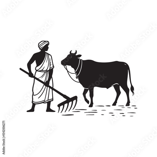 South Asian Farmer with Plough and Cow Silhouette – Rural Life Scene Vector Illustration