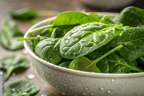Fresh green spinach leaves arranged neatly in a bowl, captured in a close-up view. 