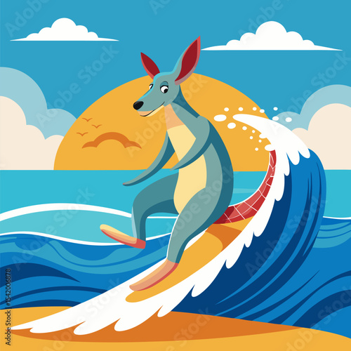 Kangaroo Surfing Waves at a Beach Illustration