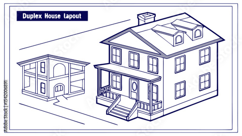 Illustration showing a duplex house layout with two buildings and architectural details in blueprint style