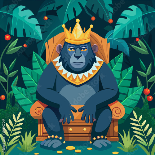 King Gorilla Wearing a Crown Sitting on a Jungle Throne Illustration
