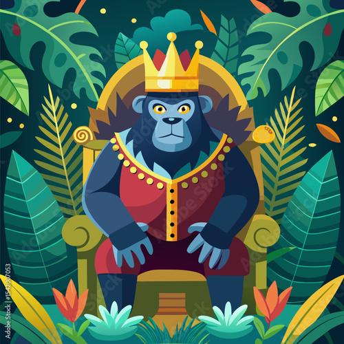 King Gorilla Wearing a Crown Sitting on a Jungle Throne Illustration