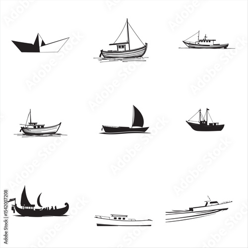 set of silhouettes of boats
