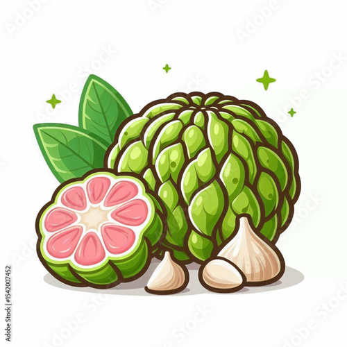 A green custard apple cut in half with green leaves and garlic cloves on a white background
