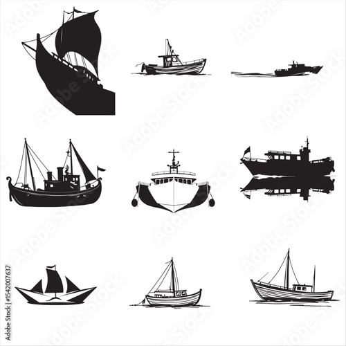 set of silhouettes of boats