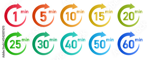 残り時間を表示するタイマー/ストップウォッチ/時計のアイコンイラストデザインセット(timer clock stopwatch 1min 2min 3min 4min 5min 6min 7min 8min 9min 10min 15min 20min 25min 30min 残り時間 シンプル アイコンイラスト ベクター 編集可能 カラフル)