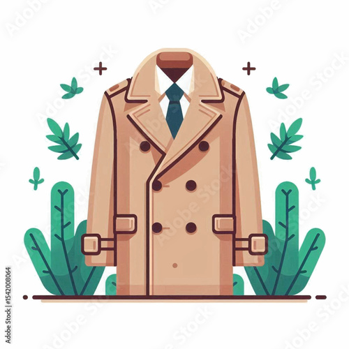 A light brown doublebreasted trench coat with a tie surrounded by stylized green plants