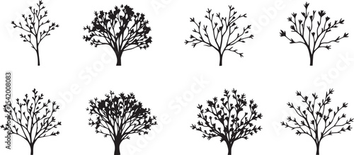 A set of shrubs and trees. Hand drawn vector illustration