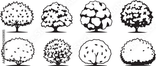 A set of shrubs and trees. Hand drawn vector illustration