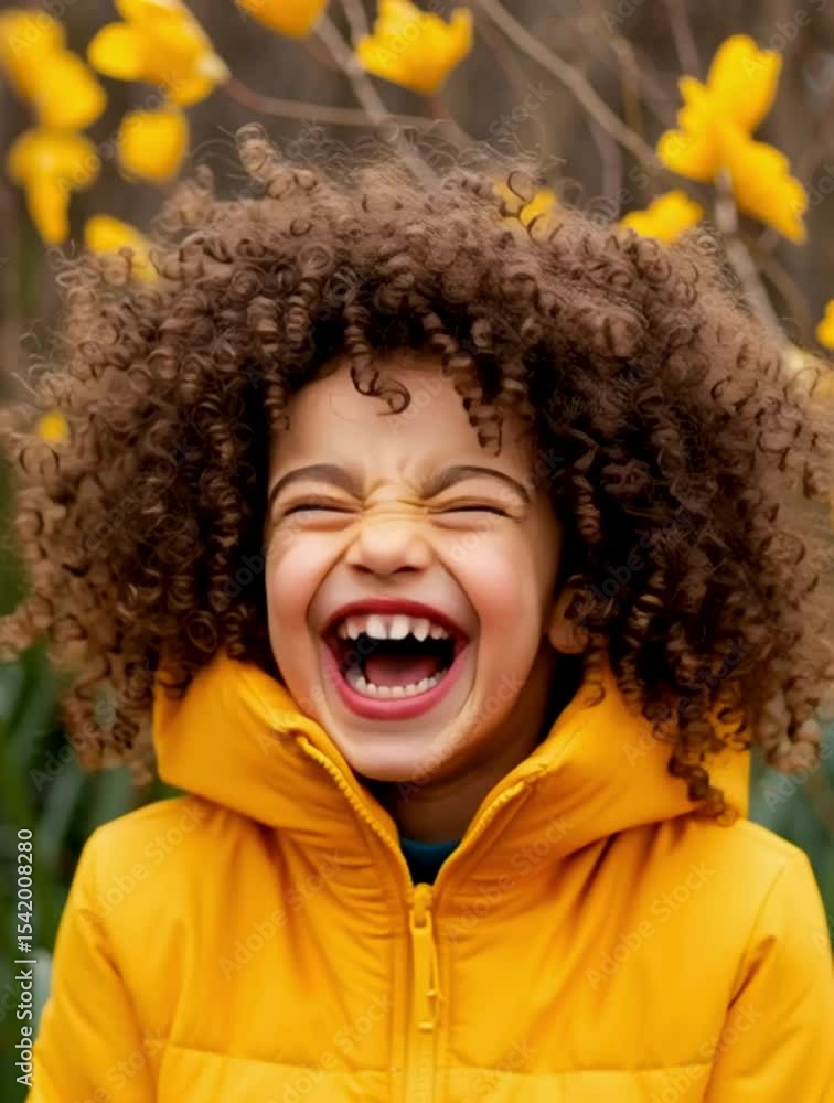 Laughing happy child in yellow jacket outdoors with spring flowers, joyful emotional girl screaming with eyes closed, expressive kids face in bright nature background Laughing happy child in yellow jacket outdoors with spring flowers, joyful emotional girl screaming with eyes closed, expressive kids face in bright nature background