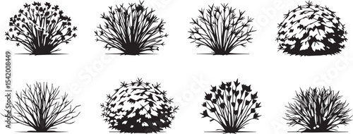 A set of shrubs and trees. Hand drawn vector illustration