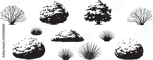 A set of shrubs and trees. Hand drawn vector illustration