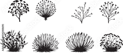 A set of shrubs and trees. Hand drawn vector illustration