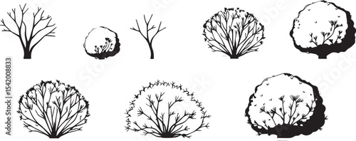 A set of shrubs and trees. Hand drawn vector illustration