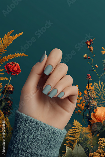Female hand with blue-gray nails and vibrant floral background. Ideal for beauty, nature, nail art and self-care. Elegance and freshness.