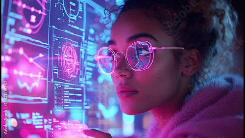 Sleek Woman In Futuristic Tech Young Woman With Fluffy Pink Hair Controls Computer Visualization With Blue Hues, Neon Pink Accents, And Data Control