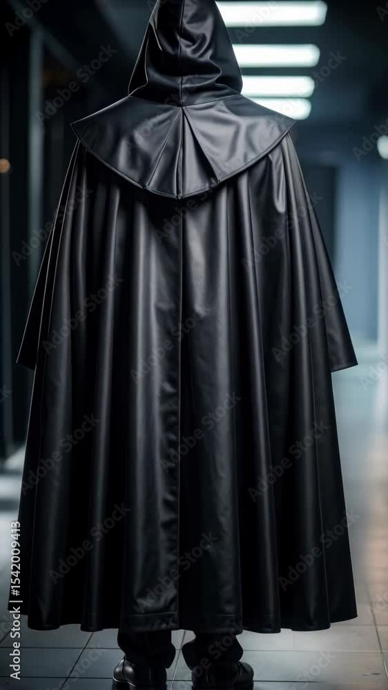 A person in a dark hallway wearing a hooded cloak or cape from a rear view A person in a dark hallway wearing a hooded cloak or cape from a rear view