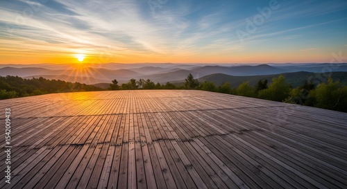 Majestic Sunrise Over Mountain Ranges Viewed From Wooden Deck