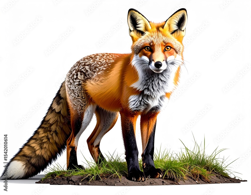 Obraz premium Adorable little fox sitting with big eyes and a fluffy tail, smiling sweetly on a white background.