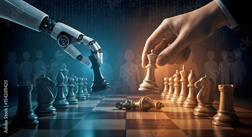 Strategic chess match between AI robotic hand and human symbolizing tech-driven decision making AI Agent AGI ASI