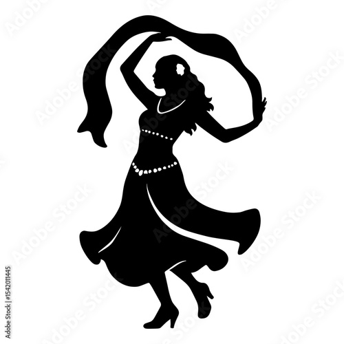 Silhouette woman dancing belly dance vector illustration oriental dancer black and white design art graphic