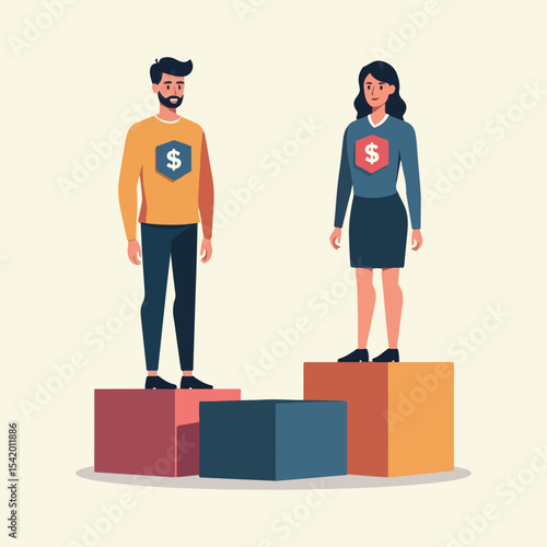 Equal Pay vector set for International Equal Pay Day featuring gender pay gap icons, equal salary symbols, balanced money, workplace fairness, and advocacy in solid colors.