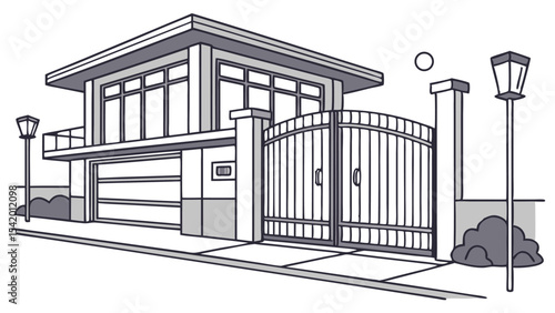 Illustration of modern house with gate and street lamps on a sloped street in black and white style
