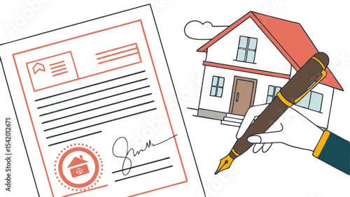 Illustration of a hand signing a home contract with a pen next to a house drawing on a white background
