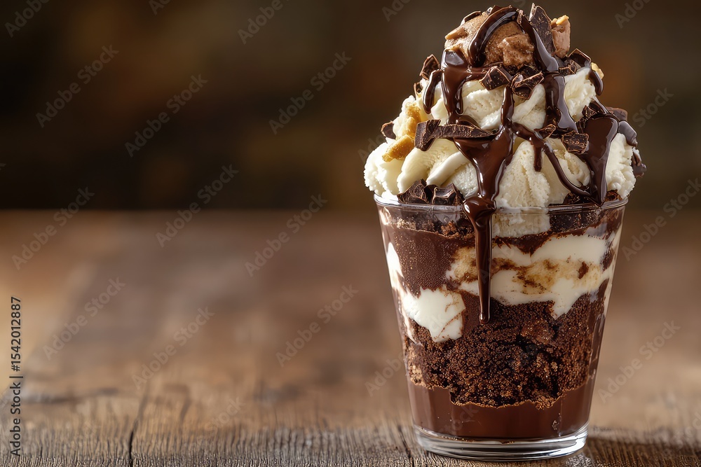 Rich brownie sundae with vanilla ice cream and chocolate drizzle, styled on a wooden table. Rich brownie sundae with vanilla ice cream and chocolate drizzle, styled on a wooden table.