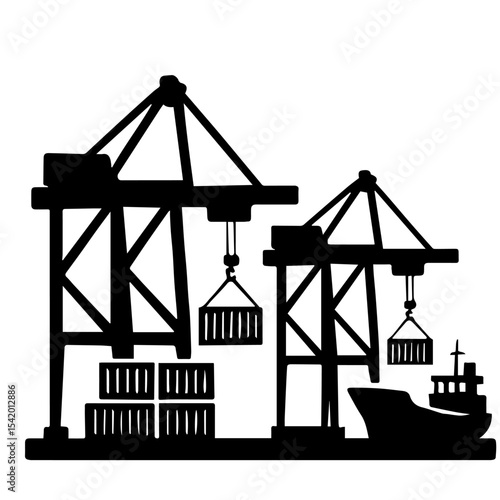 Black silhouette of cargo ship and cranes loading shipping containers at port for transportation