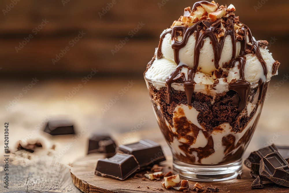 Rich brownie sundae with vanilla ice cream and chocolate drizzle, styled on a wooden table. Rich brownie sundae with vanilla ice cream and chocolate drizzle, styled on a wooden table.