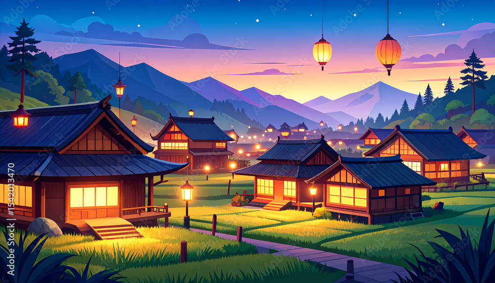 Fototapeta premium Traditional Japanese Village Vector Illustration at Sunset