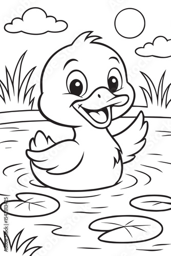 Line art illustration for a children's coloring book of a cute cartoon duck swimming in a small pond with lily pads