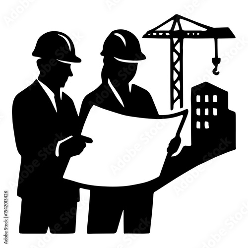 Construction engineers architects reviewing blueprint building plans project management team work