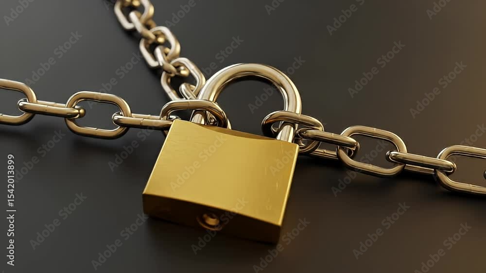 Golden Padlock Locked On Silver Chain Against Dark Background Reflecting Security And Protection Golden Padlock Locked On Silver Chain Against Dark Background Reflecting Security And Protection