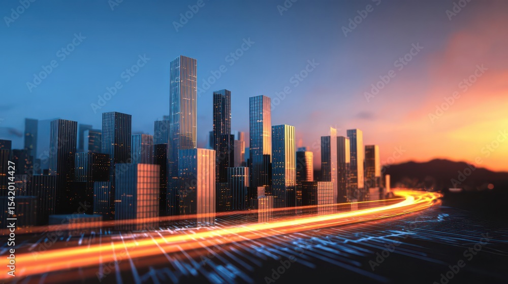Fototapeta premium Sunset city view with car light trails shows moving traffic under skyscrapers, blending urban speed with tech style AI stream and data flow