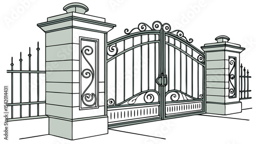 Illustration of an ornate wrought iron gate with stone pillars and decorative side fencing design style