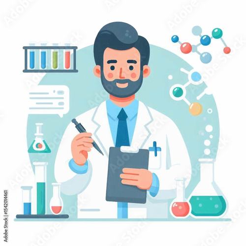 A scientist holds a pen and clipboard amidst laboratory glassware and molecular diagrams