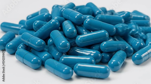 Heap Of Blue Capsules on White Background in Studio Lighting