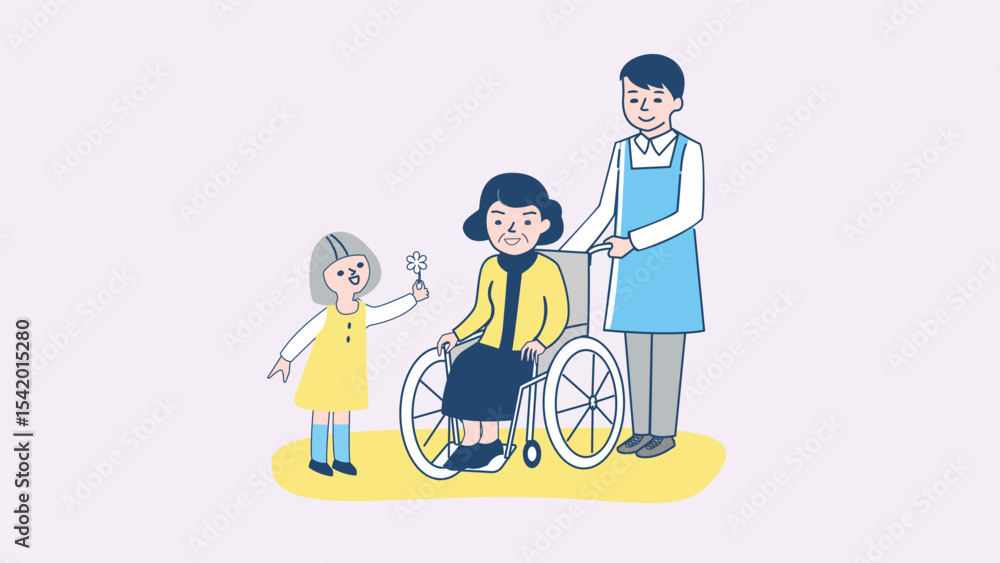 Nursing home, hospital, recuperation, rehabilitation concept happy old woman holding hands with nurse together, doctors in clinic care, help and support patients simple flat vector Nursing home, hospital, recuperation, rehabilitation concept happy old woman holding hands with nurse together, doctors in clinic care, help and support patients simple flat vector