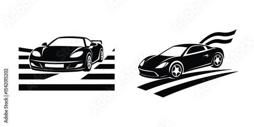 Concept showing a compact sports car front angle soaring past finish line Isolated on White Background