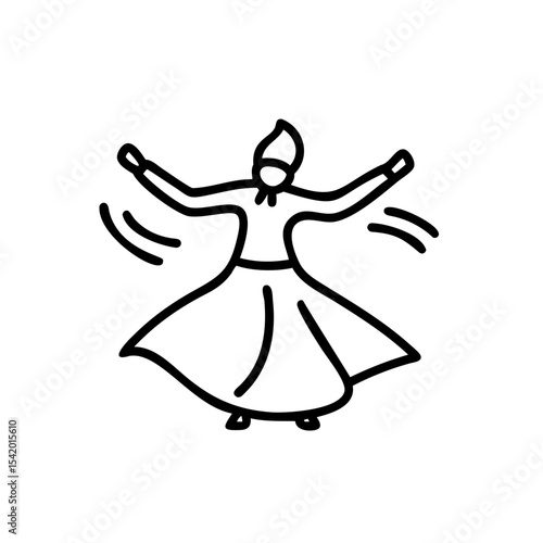 Black Line Drawing Islamic Whirling Dervish Religious Dance Figure Handmade Mawlid Celebration Spiritual Movement